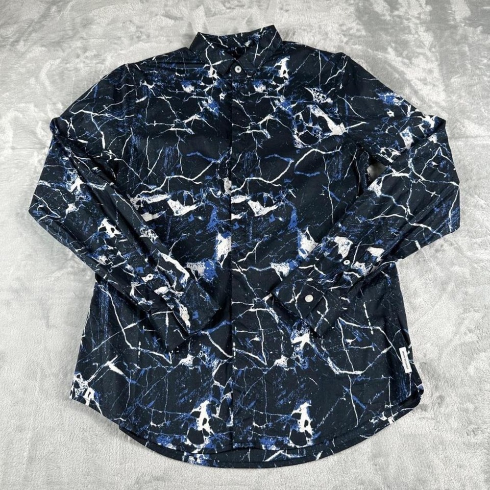 Armani Exchange Dress Shirt Men S Navy Blue Marble Print Slim Fit Button Up